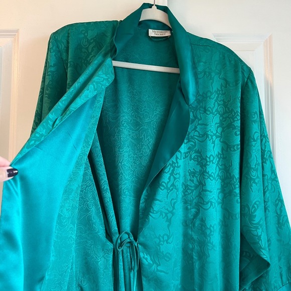 Vintage 90s Victoria's Secret Gold Label Emerald Green Satin Floral Robe Size M - Picture 5 of 8
